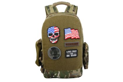 Military Tactical Backpack Work Bag with Five Patches Including 1 US Flags for Outdoor (Color: Black Camo)