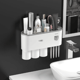 Toothbrush Holders Wall Mounted, Toothbrush Holder with Automatic Toothpaste Dispensers, 6 Brush Slots (Model: 3-Person Toothbrush Cup Set)